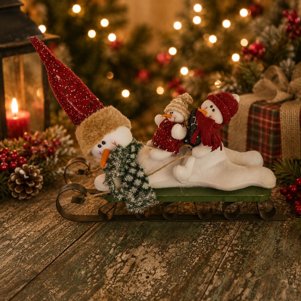 Christmas Snowman Family Sleigh Sled Plush Figurine Tabletop Holiday Decor